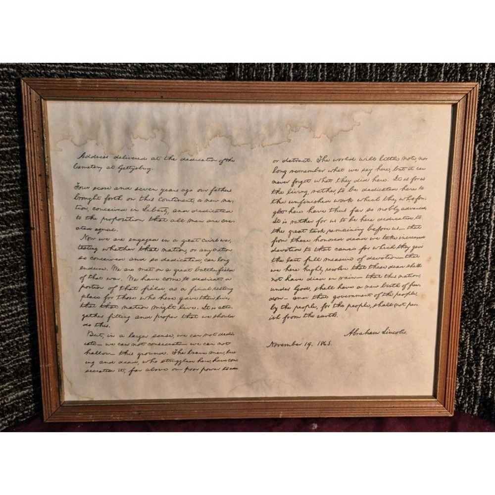 Vintage Framed Gettysburg Address • Abraham Lincoln Script Print